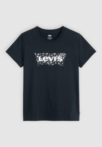 Navy blue cotton t-shirt featuring a white, starry Levi's logo design on the front. Short sleeves and crew neck finish. Small red tag on hem.