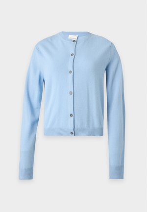 Frau steht und trägt hellblauen, geknöpften Cardigan, weitgeschnittene dunkelblaue Jeans und spitze dunkelrote Schuhe vor schlichtem weißem Hintergrund.
