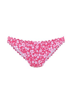 Pink bikini bottom with white floral print and scalloped edges, displayed against a white background.
