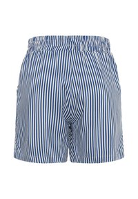 Blue and white vertical striped shorts with an elastic waistband and side pockets shown from the back on a white background.