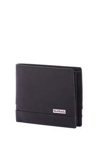 Portafoglio in pelle nera con un design bifold, cuciture visibili e un piccolo logo del marchio. Texture liscia senza motivi o ulteriori dettagli.