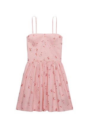 Vestido floral rosa con tirantes finos, corsé ajustado y falda acampanada con patrón de lunares y pequeños detalles florales.