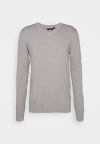 Light grey v-neck sweater made of soft knit fabric, featuring long sleeves and a ribbed hem and cuffs, with a simple design.