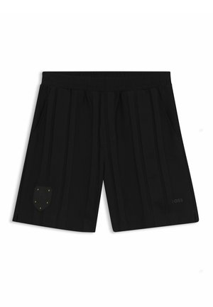 Schwarze knielange Shorts mit Seitentaschen, vertikalen Streifen, einem elastischen Bund und einem kleinen Emblem am linken Bein.