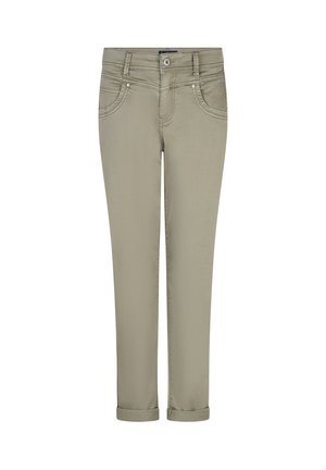 Beige afslappede bukser med slank pasform, oprullede buksekanter, forreste knap, lynlås og to forlommer.