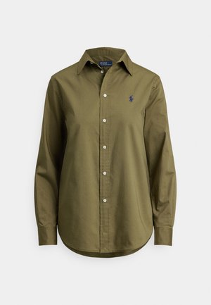 Olive green long-sleeve button-up shirt with collar and blue embroidered Polo Ralph Lauren logo on left chest.