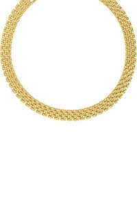 Halsband i guldtonat metall med sammanlänkade rektangulära länkar i en lagerdesign, som reflekterar en slät och glänsande yta.