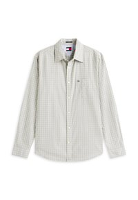 Ανοιχτό γκρι και λευκό καρό πουκάμισο με μακριά μανίκια, κουμπιά, γιακά και μικρό λογότυπο Tommy Hilfiger στην τσέπη του στήθους.