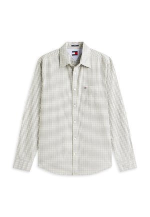 Hellgraues und weiß kariertes, langärmeliges Hemd mit Knopfleiste, Kragen und kleinem Tommy Hilfiger-Logo auf der Brusttasche.