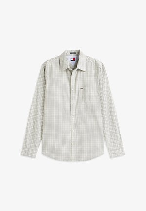 Világosszürke és fehér kockás hosszú ujjú, gombos ing, gallérral, és kis Tommy Hilfiger logóval a mellzseben.