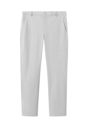 Light gray straight-leg trousers with belt loops, front button and zipper closure, and side pockets.
