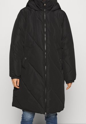 Black padded coat with a hood, featuring diagonal stitching, zip closure, and side pockets. Material appears smooth and slightly shiny.