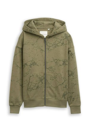 Olijfgroene hoodie met rits, capuchon, voorzakken, lange mouwen, geribde boorden en zoom, en een donker gemarmerd patroon.