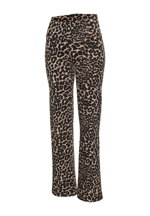 High-Waist-Hose mit weitem Bein im Leopardenmuster, mit einer taillierten Passform und braunem, schwarzem und beigem Fleckenmuster.