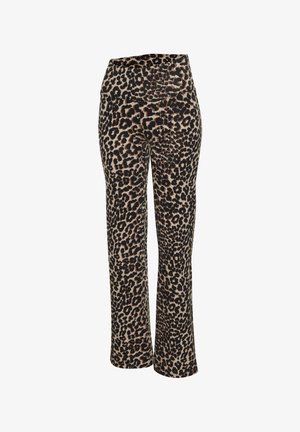 Leopard print high-waist wide-leg pants with a fitted waist and brown, black, and beige spotted pattern.