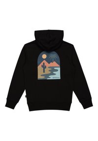 Felpa nera con cappuccio caratterizzata da una grafica colorata di montagne, un cactus, una palma e un sole. Tessuto morbido con tasca a marsupio e cappuccio con cordino.