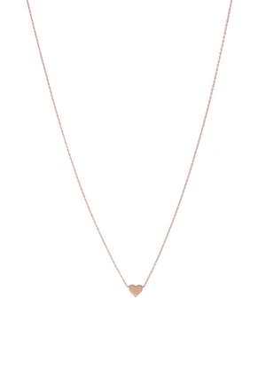 Collana in oro rosa con una delicata catena e un piccolo ciondolo a forma di cuore al centro. Design semplice, metallo lucido con una texture liscia.