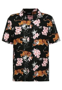 Zwart shirt met korte mouwen, voorzien van een tijger- en roze bloemenprint, met een knopenpandontwerp en zachte, gestructureerde stof.