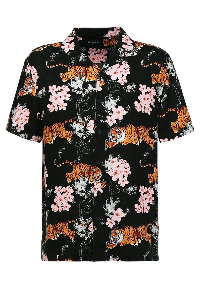 Zwart shirt met korte mouwen, voorzien van een tijger- en roze bloemenprint, met een knopenpandontwerp en zachte, gestructureerde stof.