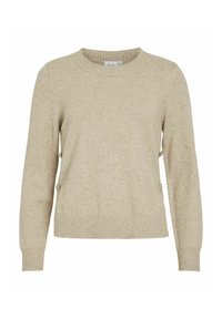 Beige kootud sviiter ümmarguse kaelusega, ribatud ääre ja pikkade varrukatega. Külgedel on dekoratiivsed nööbid, valmistatud pehmest materjalist.