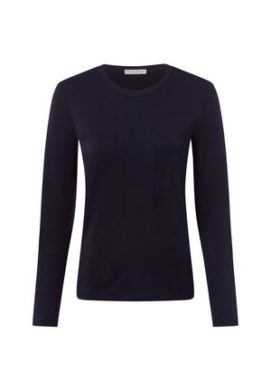 Ciemnoniebieska koszulka z długim rękawem typu crew neck, o dopasowanym kroju i prostym, bezszwowym designie na białym tle.