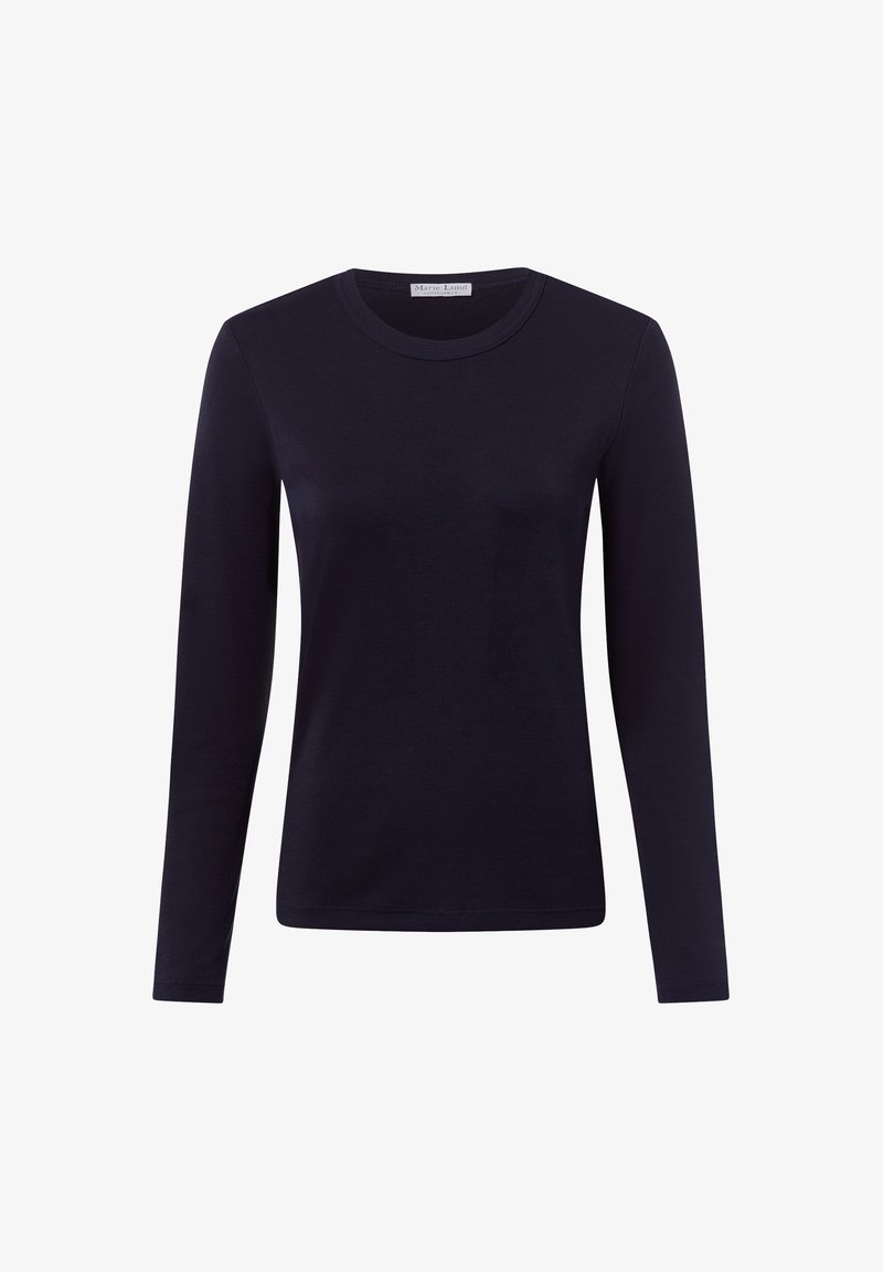 Ciemnoniebieska koszulka z długim rękawem typu crew neck, o dopasowanym kroju i prostym, bezszwowym designie na białym tle.