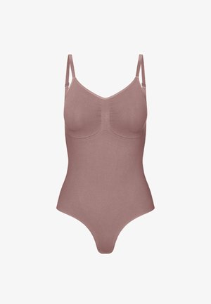 Fialový bezšvový overal s tenkými nastaviteľnými ramienkami, tvarovanými košíčkami a hladkou látkou, navrhnutý pre priliehavú siluetu.