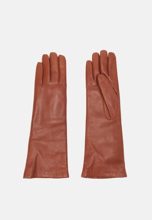 Brown leather gloves, long design, smooth texture, fitted fingers, and a subtle seam detail along the edges.