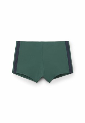 Tmavě zelené pánské koupací šortky s černými vertikálními bočními pruhy a jemným logem na pravé straně.