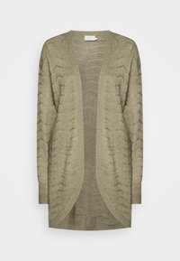 Olivgrüner, gestrickter Cardigan mit lockerer Passform, offener Vorderseite, gerippten Bündchen und durchgehendem Zickzackmuster. Leichtes Material.