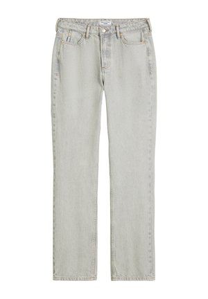 Hellgraue Denim-Jeans mit geradem Bein, ausgestattet mit einem Knopfverschluss, fünf Taschen und einem dezenten Muster.