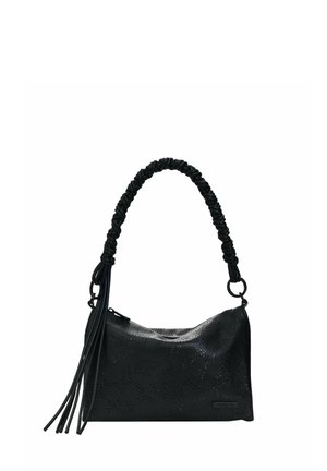 Geantă de umăr din piele neagră cu mâner împletit, model floral texturat, închidere cu fermoar și ciucuri lungi pe o parte.