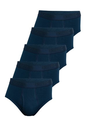 Fem par mørkeblå herrebokser, lavet af blødt stof, med en elastisk talje med 'DOVRE' prægede i sort.