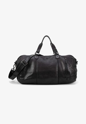 Sac de voyage en cuir noir avec deux poignées et une bandoulière amovible. Dispose d'une poche latérale zippée et d'une texture lisse.