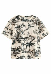 Tričko s krátkym rukávom na smotanovom pozadí, zdobené detailným čiernobéžovým jungle vzorom s motívmi zvierat a rastlín.