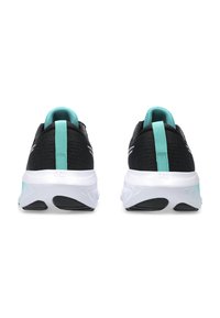 Black athletic shoes with a textured upper, turquoise accents, white midsole, and black rubber outsole. Features a pull tab at the heel.