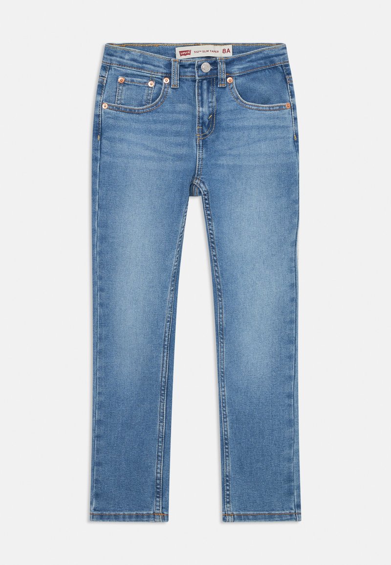 Mršavi taper traperice izrađene od svijetloplavog denima, s pet džepova, bakrenim kopčama i žutim šavovima uz šave.