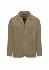 Giacca uomo khaki con bottoni, colletto a punta e quattro tasche a toppa frontali, presentata su uno sfondo bianco.