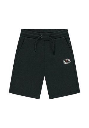 Zwarte casual shorts met een aantrekkoord in de taille en zijzakken, met kleine witte tekst op de rechterdij die "Cars Jeans Wear" zegt.