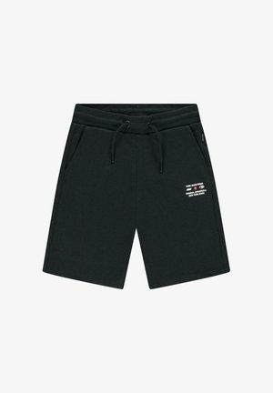 Zwarte casual shorts met een aantrekkoord in de taille en zijzakken, met kleine witte tekst op de rechterdij die "Cars Jeans Wear" zegt.