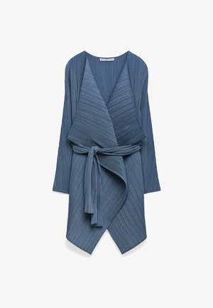 Blauwe geplooide wikkeltop met lange mouwen, een sjaalkraag en een strikdetail in de taille. Zachte stof met verticale strepen en een losse pasvorm.