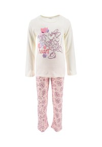 Long-sleeve cream top with pink and purple Minnie Mouse graphic. Pink leggings with repeating Minnie Mouse and star patterns.