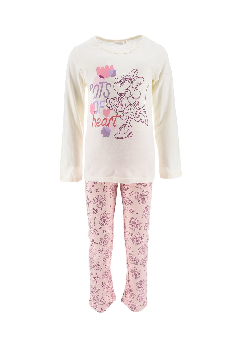 Long-sleeve cream top with pink and purple Minnie Mouse graphic. Pink leggings with repeating Minnie Mouse and star patterns.
