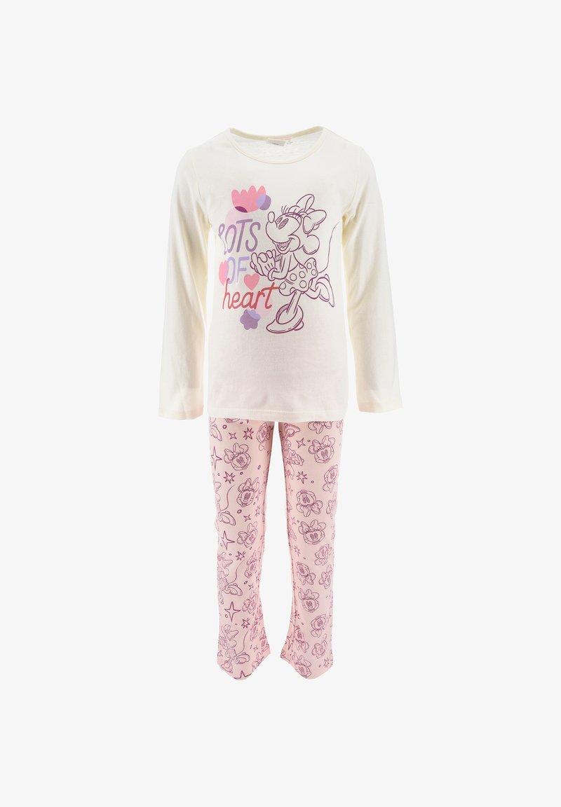 Langärmliges Creme-Oberteil mit pinkem und lila Minnie-Maus-Design. Pinke Leggings mit wiederholten Minnie-Maus- und Sternmustern.