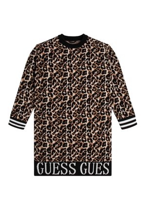 Langærmet leopardmønstret sweaterkjole med sort ribbet krave, sort-hvide stribede ærmekanter og "GUESS"-logo på nederste kant.