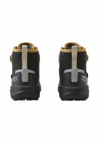 Schwarze wasserdichte Stiefel mit einem hellbraunen Kragen, ausgestattet mit hinteren Zuglaschen und grauen Akzenten an der Ferse und dem Schaft für einen sicheren Sitz.