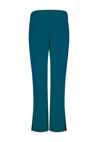 Mėlynos, tamprios medžiagos kelnės su tiesiu kirpimu, turinčios šoninius plyšius apvade ir lygiu juosmeniu patogumui bei lankstumui.