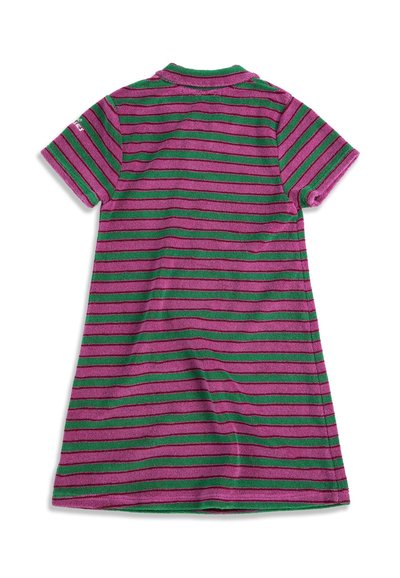 Robe à manches courtes avec des rayures horizontales vertes et violettes et un col, vue de dos sur un fond blanc.