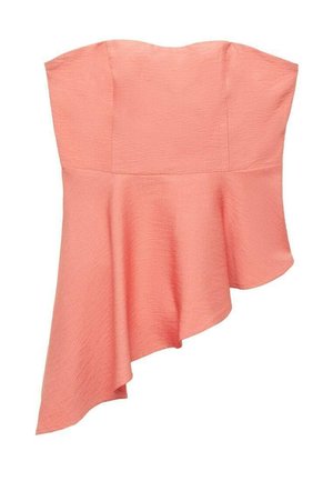 Strapless coral top with a textured finish, featuring an asymmetric hem that drapes elegantly. No visible fasteners or embellishments.