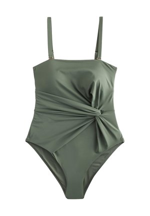 Maillot de bain une pièce vert olive avec bretelles réglables et détail de nœud froncé sur le côté droit de la taille.